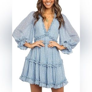 Women’s Long Sleeve V-Neck Open Back Dress in Sky Blue (M)